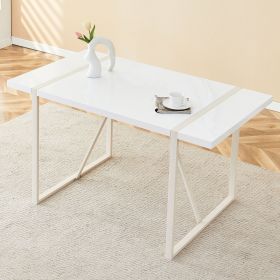 Industrial rectangular MDF Cream style dining table for 4-6 people with 1.5 inch thick MDF top and white metal legs frame for work desk, kitchen