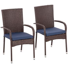 Outsunny Stackable PE Rattan Outdoor Dining Chairs with Cushions, Set of 2 Patio Wicker Dining Chairs with Armrests and Backrest for Patio, Deck